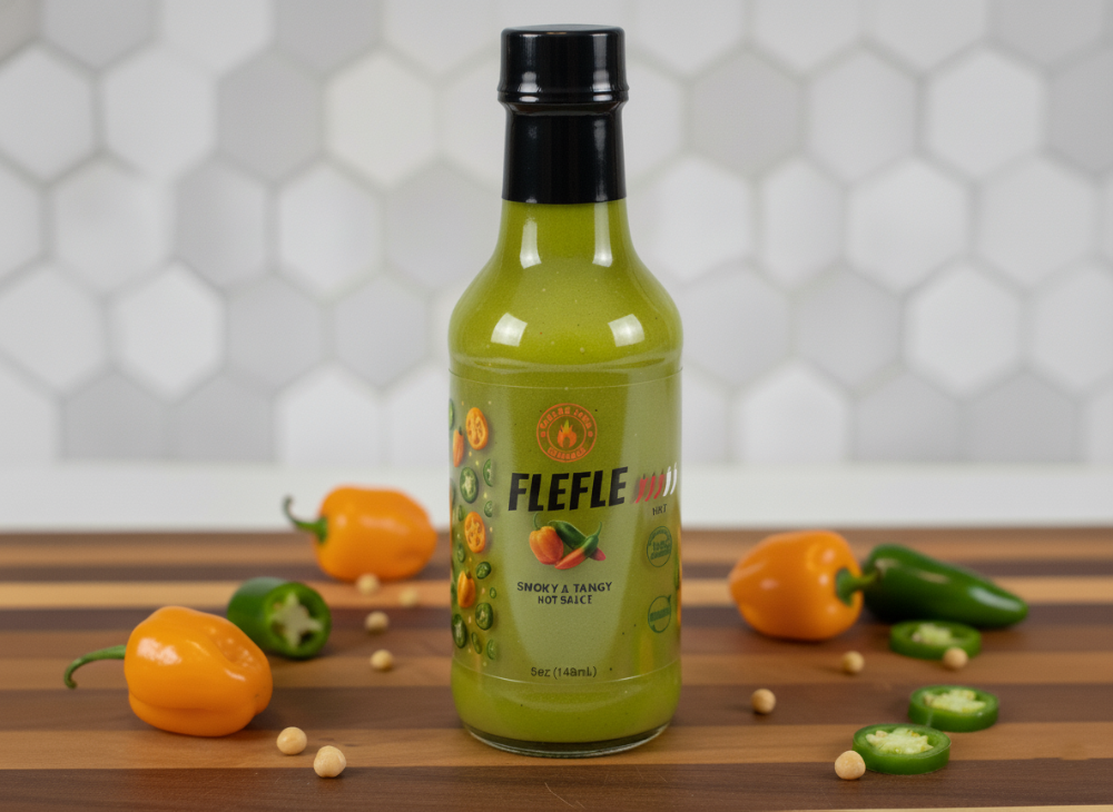 Bottle of FLEFLE hot sauce on a wooden cutting board with peppers and spices.