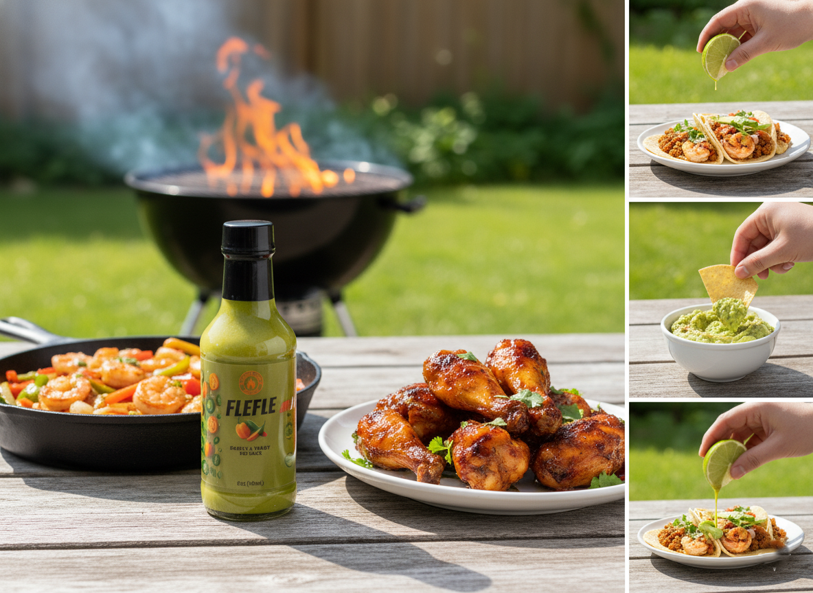 FLEFLE bottle with outdoor cooking scene, including a grill and plates of food.