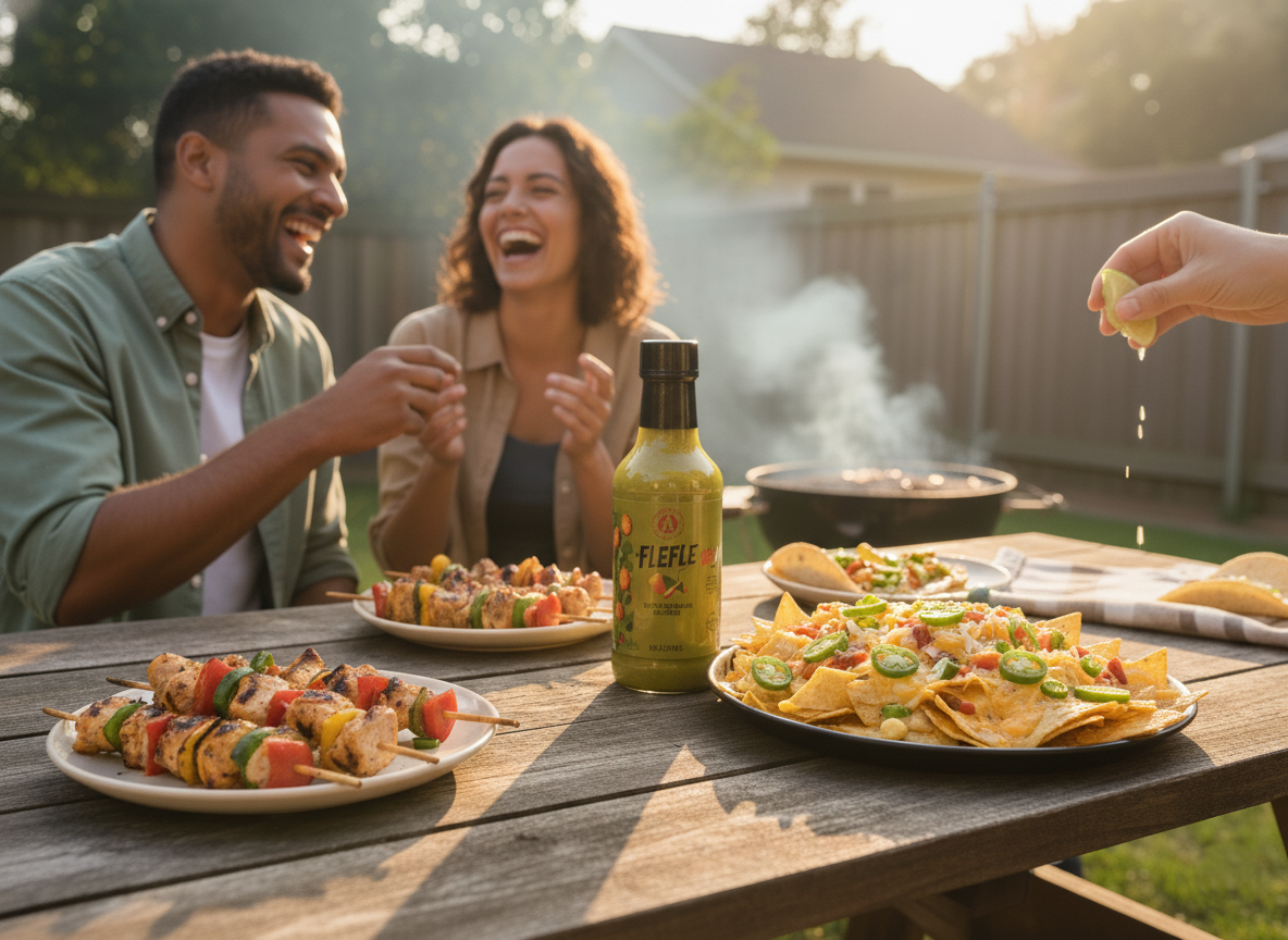 Two people enjoying a meal outdoors with plates of food and a bottle of hot sauce.